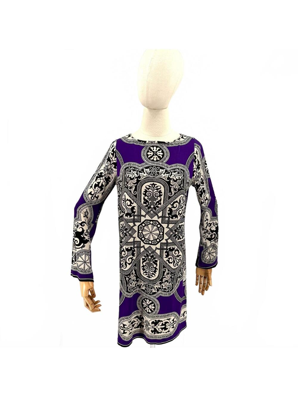 Vintage Y2K Nicole Miller Purple Silk Scarf Print Dress